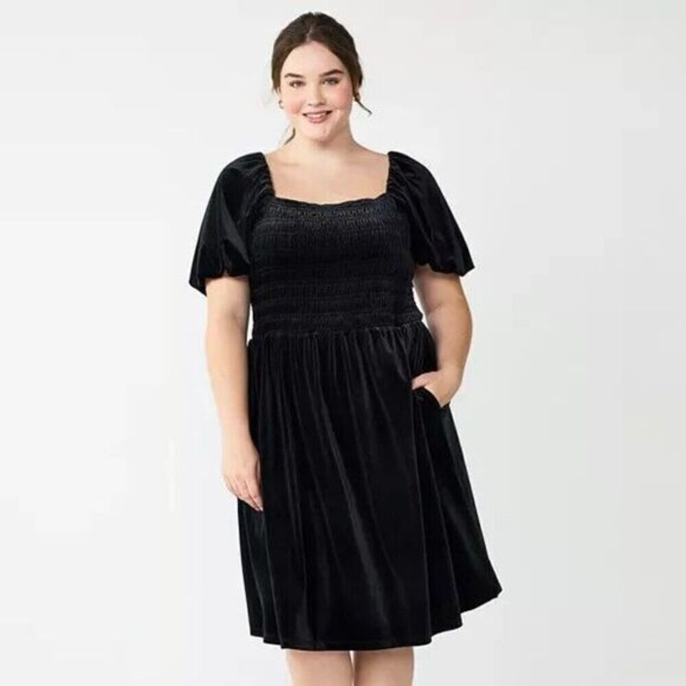 NWT Draper James Rsvp  Velvet Puff Sleeve Smocked Skater Dress Black Plus XXL‎